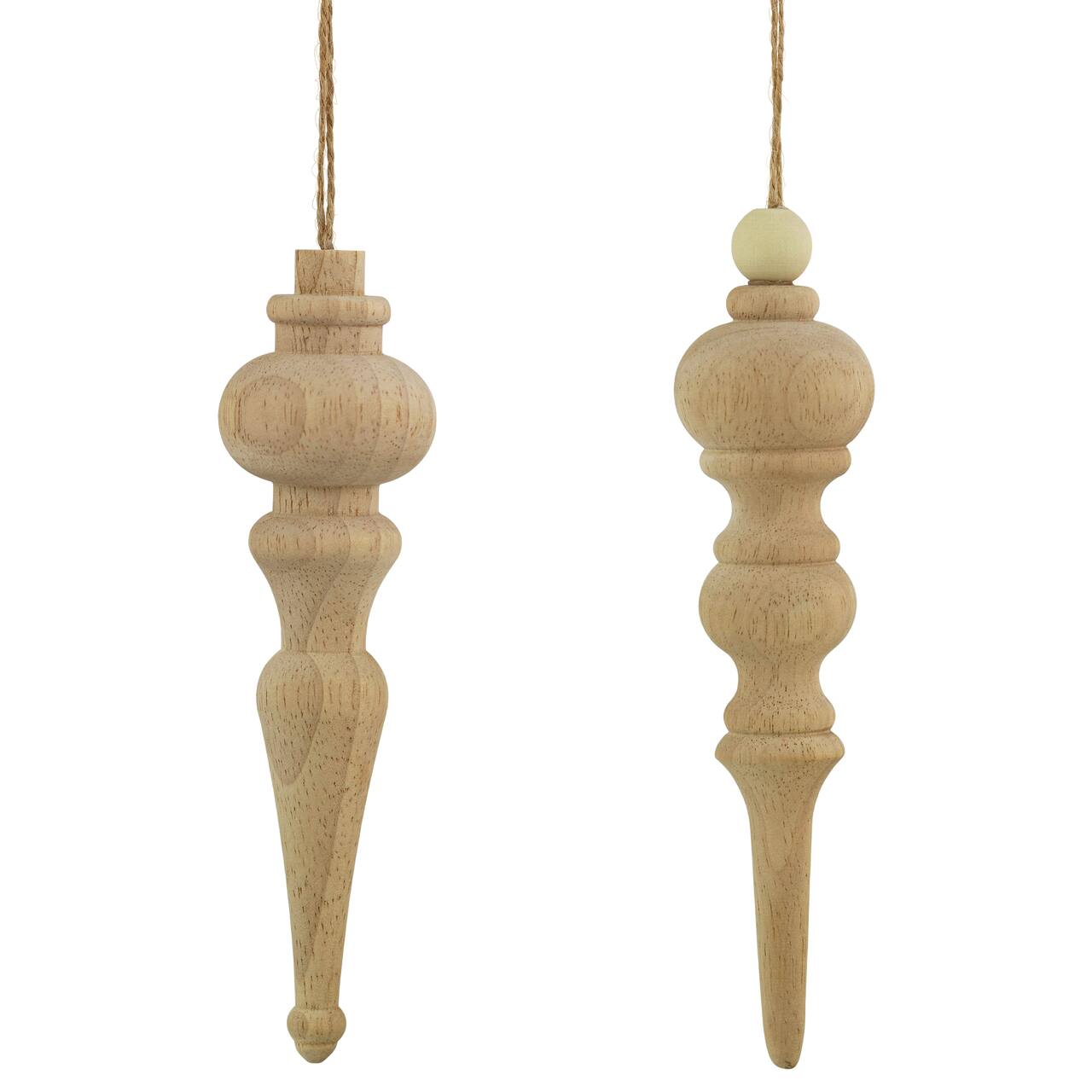 Set of 2 Natural Wood Finial Christmas Tree Ornaments 6.5"
